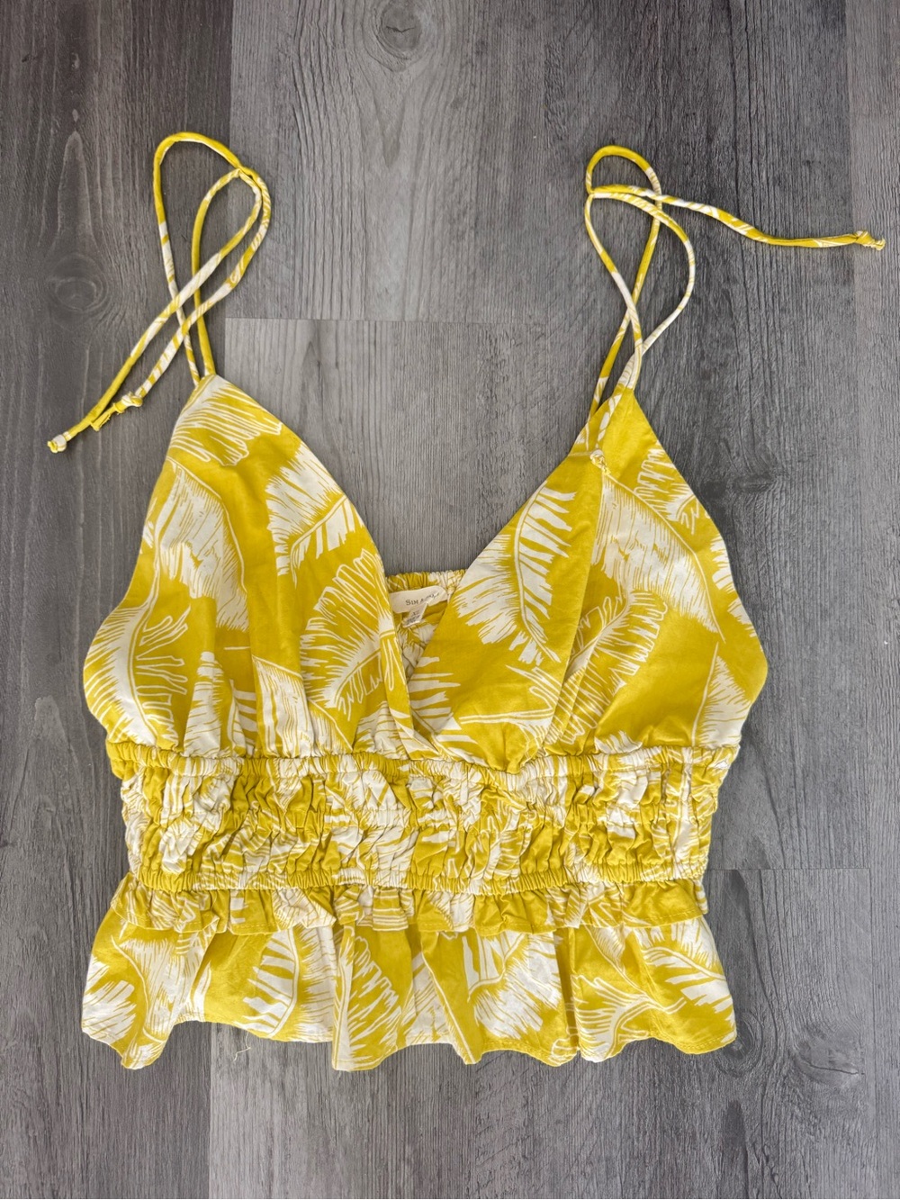 Sim & Sam XL Yellow/White Floral Ruffle Cropped Cami Top 100% Cotton